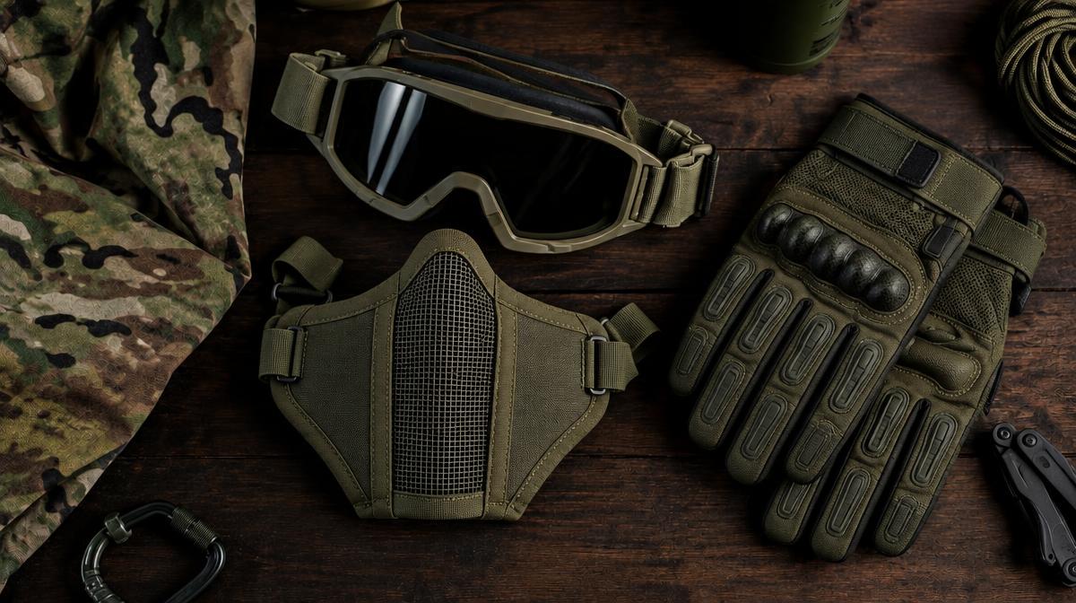 Protective goggles, face mask and gloves arranged with camouflage fabric